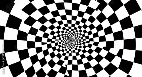 Black and white checkered vortex, creating a disorienting and endless tunnel effect