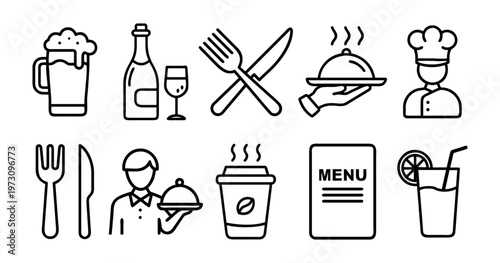 Food and Restaurant Icons vector Set. Vector outline icon pack showcasing dining elements such as pizza, noodles, drinks, table settings, and service staff. Ideal for menus