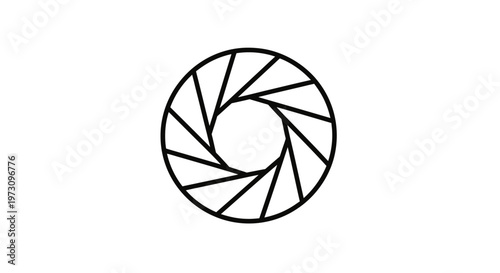 Black and white geometric diaphragm symbol with radiating lines