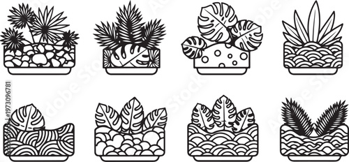 Set of eight intricately designed pineapple patterns in black and white Vector