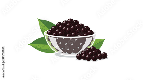 Realistic illustration of a glass bowl overflowing with dark purple acai berries and green leaves, symbolizing healthy nutrition.