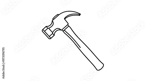 Minimalist black and white line drawing of a standard claw hammer tool positioned diagonally on a plain white background.
