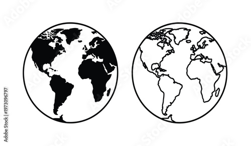 This graphic presents two stylized depictions of earth showcasing continental outlines in a black and white style representing global geography high quality professional detailed
