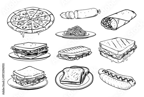 Set of different kinds of food. Vector hand drawn food sketch