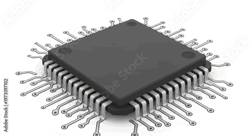 Detailed isometric view of a black microchip with numerous silver pins extending outward