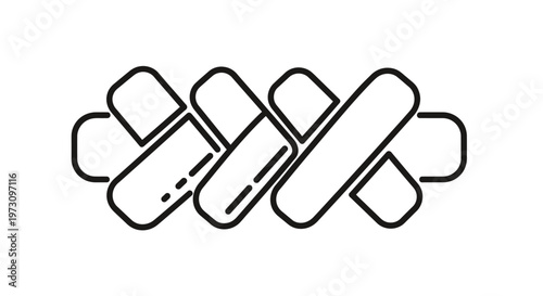 Intersecting black abstract shapes with rounded ends and dashed lines create an interwoven pattern