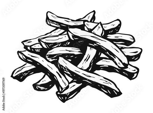 Hand-Drawn French Fries. pile of crispy fries illustrated in a bold black-and-white sketch style with dynamic strokes and shadows