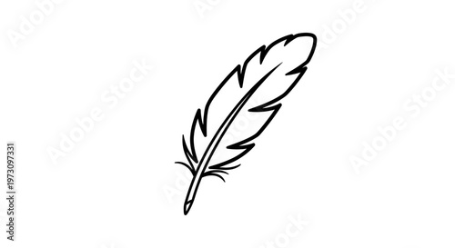 A simple black outline drawing of a feather on a white background