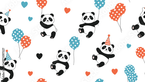 Playful seamless pattern features cute pandas wearing party hats and holding colorful balloons among hearts on a white background.