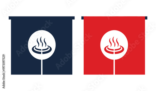 This graphic displays two variations of a japanese onsen symbol one with a dark blue background and one with red high quality professional detailed