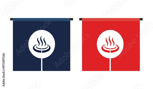 This image presents two variations of a japanese style banner one navy and one red each featuring a white circle with a stylized incense burner