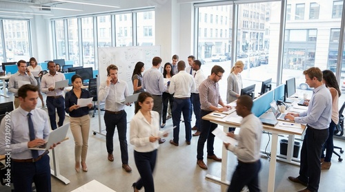 A group of business professionals working together in a modern office space with large windows