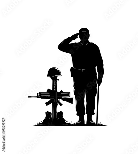 Military Soldier Saluting at Grave Memorial