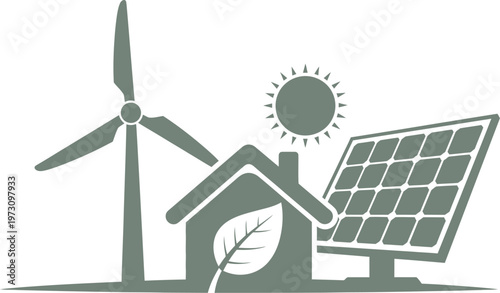 Eco-friendly home icon integrating solar energy and wind power with green leaf symbol