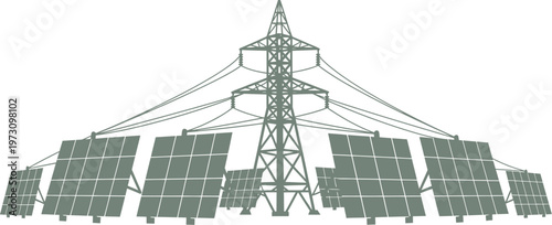 High voltage electricity tower surrounded by solar panel fields