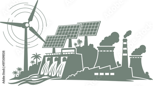 Integrated renewable energy industrial landscape silhouette