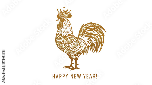 Ornate golden silhouette of a rooster wearing a royal crown with the greeting text Happy New Year positioned below.