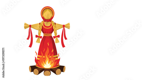 Traditional russian maslenitsa straw doll in a red dress is shown standing over a bonfire for the spring festival celebration.