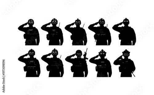 Military Personnel Saluting in Sequence Silhouette