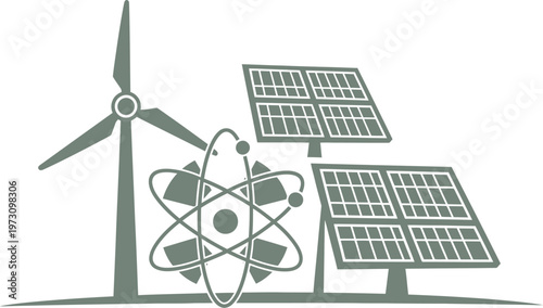 Multi source clean energy graphic with wind solar and nuclear symbols