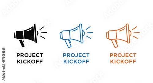 Three distinct vector graphic designs featuring megaphones, ideal for project kickoff announcements and communication.