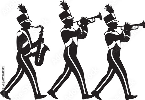 Marching band members silhouette playing trumpet and saxophone, musical parade performers