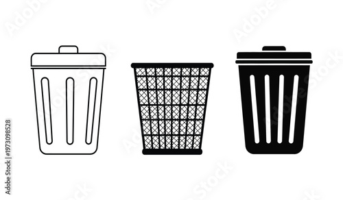 This image displays three different black and white illustrations of waste containers including a covered bin a woven basket and a solid trashcan