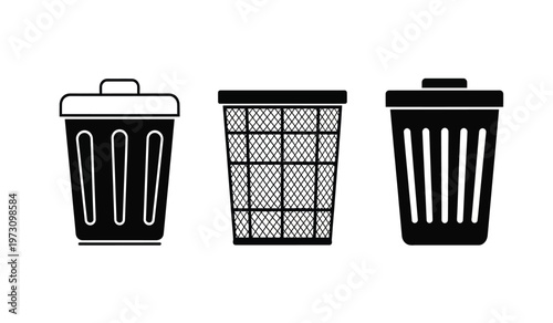 This image showcases three distinct black and white trash can icons varying in design and shape presented in a simple graphic style high quality