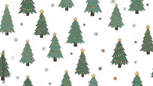 Festive seamless pattern features numerous decorated green Christmas trees with golden stars, garlands, and snowflakes on white background.