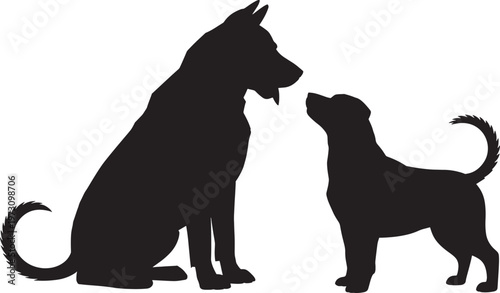 Dog silhouettes collection featuring two different breeds sitting and standing in profile view vector