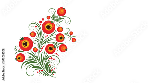 Ukrainian Petrykivka folk art painting with red berries and green leaves on white background, traditional Slavic decorative floral design.