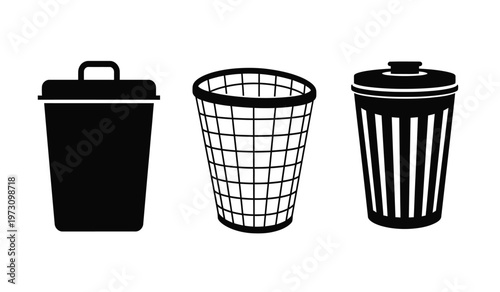 A simple black and white illustration depicts three distinct trash receptacles a covered bin a woven basket and a ribbed container high quality professional