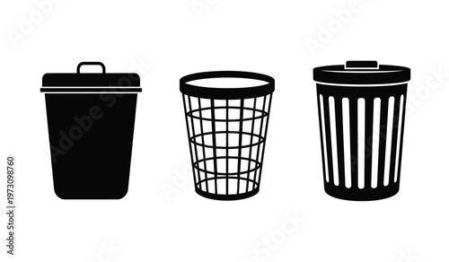 A minimalist graphic displays three distinct black silhouettes of waste containers a covered bin a woven basket and a ribbed receptacle high quality professional