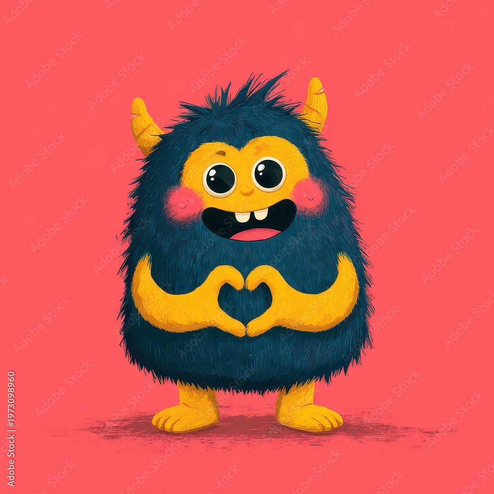 Fototapeta premium Cute Cartoon Monster with Big Smile Holding Heart on Pink Background