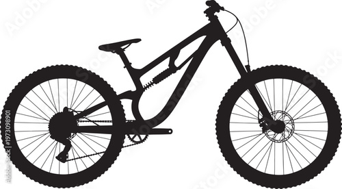 Full suspension mountain bike silhouette isolated on checkered background, extreme sports and cycling icon