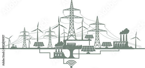Smart city infrastructure showing power lines and renewable sources