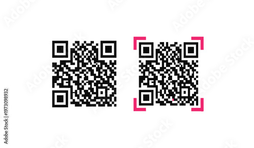 This image displays two distinct quick response codes one standard black and white and the other with a pink border and detection pattern