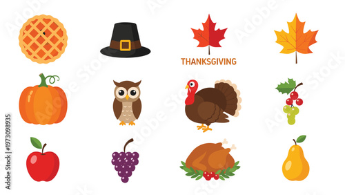 Thanksgiving day icon set with turkey, pumpkin pie, pilgrim hat, autumn leaves, and harvest fruits isolated on a plain white background.