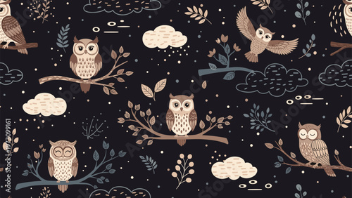 Seamless pattern with cute owls sitting on tree branches with leaves and clouds in the night sky, forest animal texture for children.