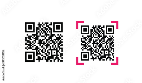 This image displays three distinct quick response codes two in black and one highlighted with a pink detection frame high quality professional detailed modern