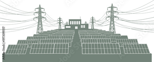 Solar power plant layout with electrical substation and pylons