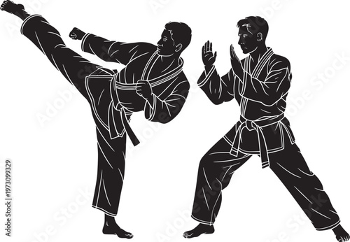 Two martial arts fighters in action performing karate moves for sports and action scenes