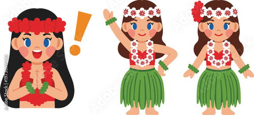 Cute Hawaiian Hula Girl Character Set with Traditional Flower Lei Skirt and Dance Poses Tropical Culture Cartoon Style Vector Illustration