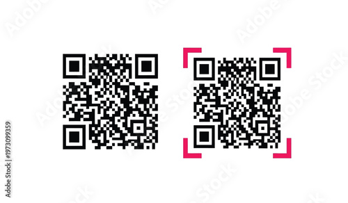 This image displays two distinct quick response codes one without and one with a red rectangular focusing square on a white background high quality