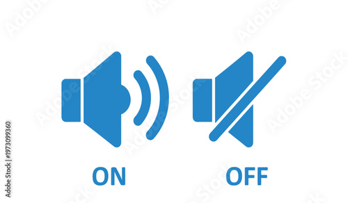 This image depicts two blue speaker icons one demonstrating sound on with wave lines and the other off with a slash high quality professional