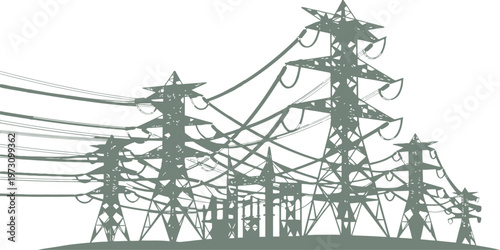 Electrical power transmission towers silhouette for energy grid