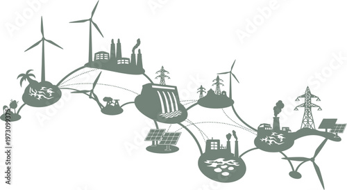 Interconnected renewable energy network silhouette representing global power grid