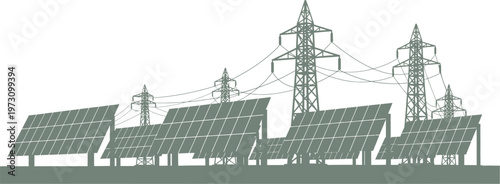 Solar energy farm with electrical transmission towers silhouette
