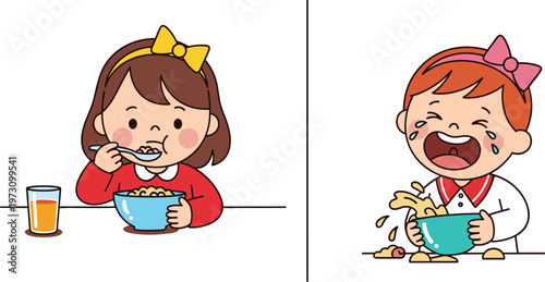 Cute Kids Eating Food Set Showing Happy Child Enjoying Meal and Crying Kid Refusing Food Messy Eating Behavior Cartoon Vector Illustration