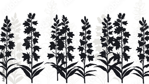 Black and white silhouette of bluebell flowers growing in a row, elegant botanical floral border design isolated on a white background.